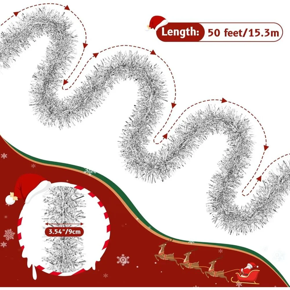 Dazzling 50' Silver Garland for Luxurious Holiday Decor and Easy Customization